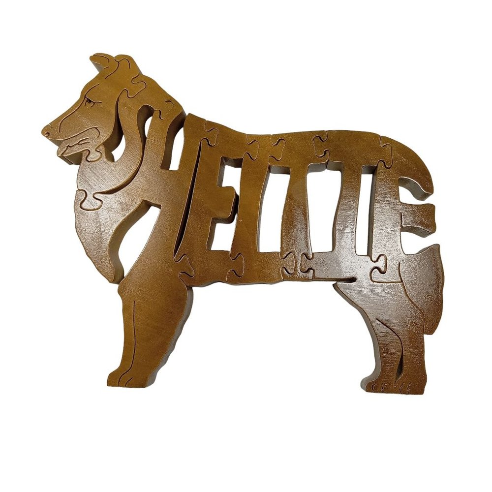 Shetland Sheepdog Sheltie Wooden Scroll Jigsaw Puzzle Figurine Art Wood USA Sign